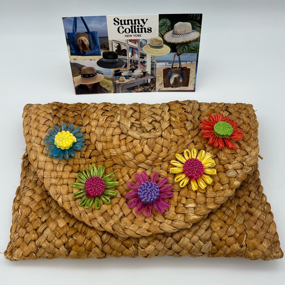 Sunny Collins - Raffia Flower Clutch Handbag - Stylish Straw Clutch Bag - New - Picture 4 of 14